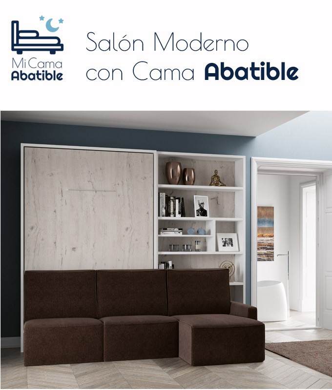 Salón moderno formado por Litera Abatible Vertical con cama Matrimonial, estantería y sofá con chaiselongue Ref CAN11