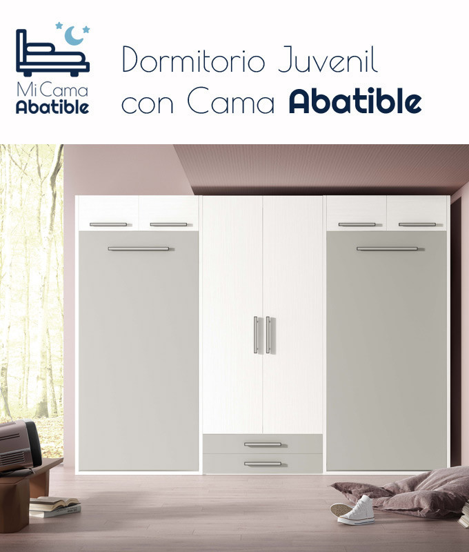 Dormitorio juvenil formado por 2 camas abatibles verticales con altillo y armario Ref CAZ24-28