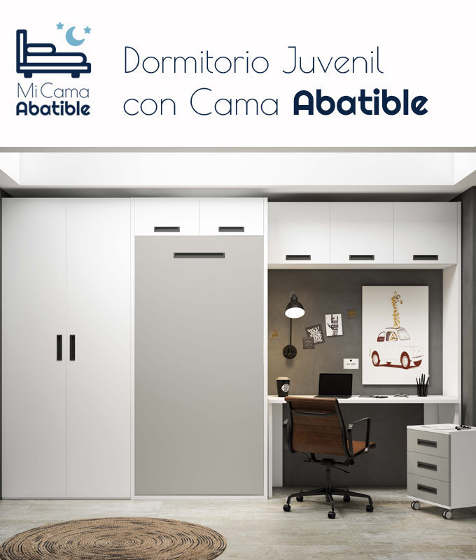 Dormitorio juvenil formado por cama abatible vertical con altillo, puente, armario y escritorio Ref CAZ24-29