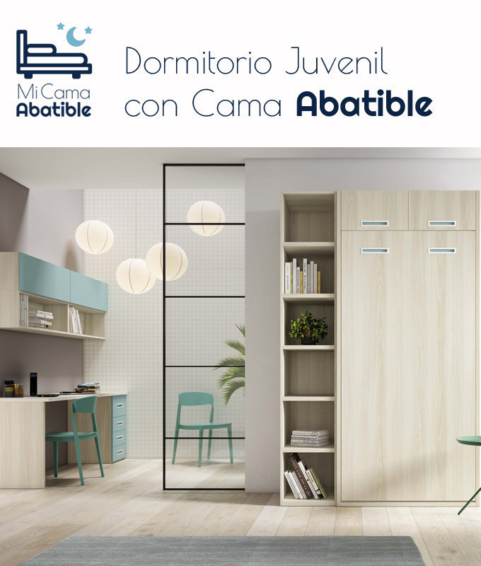 Dormitorio juvenil formado cama abatible vertical con altillo, estantería y escritorio Ref CAZ24-33