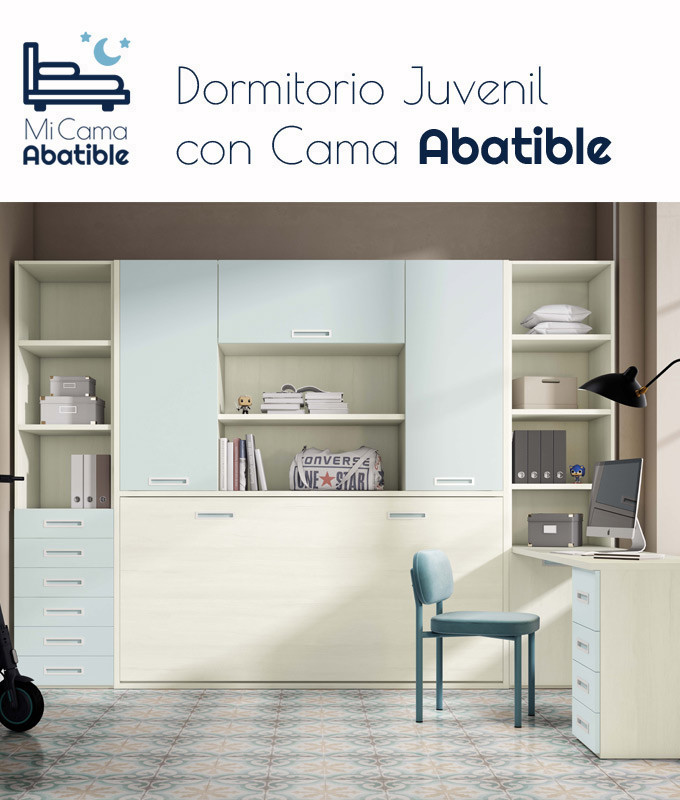 Dormitorio juvenil formado por cama abatible con armario superior, librerías a ambos lados y escritorio Ref CAZ24-35