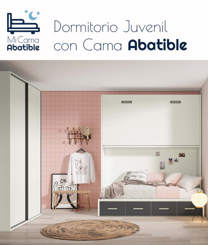 Dormitorio juvenil formado por cama abatible superior, cama inferior y armario 2 puertas Ref CAZ24-43