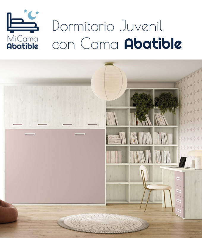 Dormitorio juvenil formado por cama abatible con armario superior, librería y escritorio Ref CAZ24-44