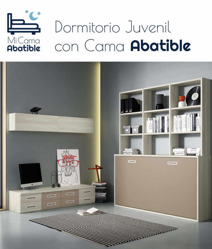 Dormitorio juvenil formado por cama abatible con estantería superior y módulos de salón Ref CAZ24-45