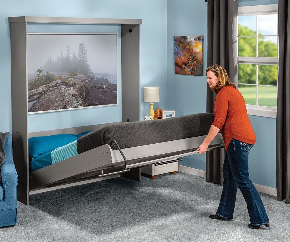 Mueble cama de matrimonio de apertura horizontal con sofá 