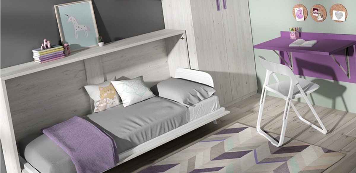 Dormitorio juvenil con cama y litera abatible haya y gris + zona