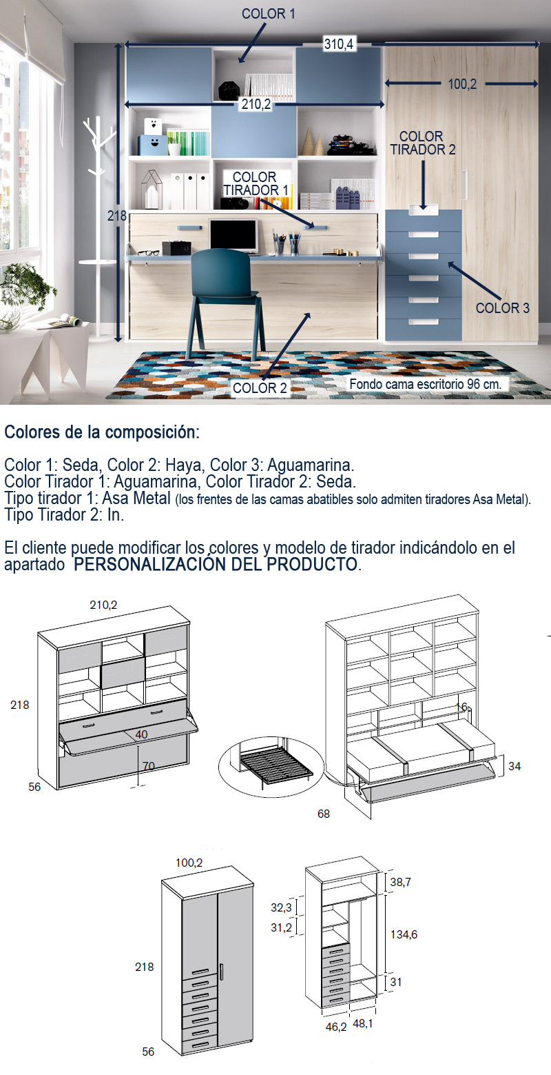 Dormitorio juvenil formado por cama abatible con escritorio y